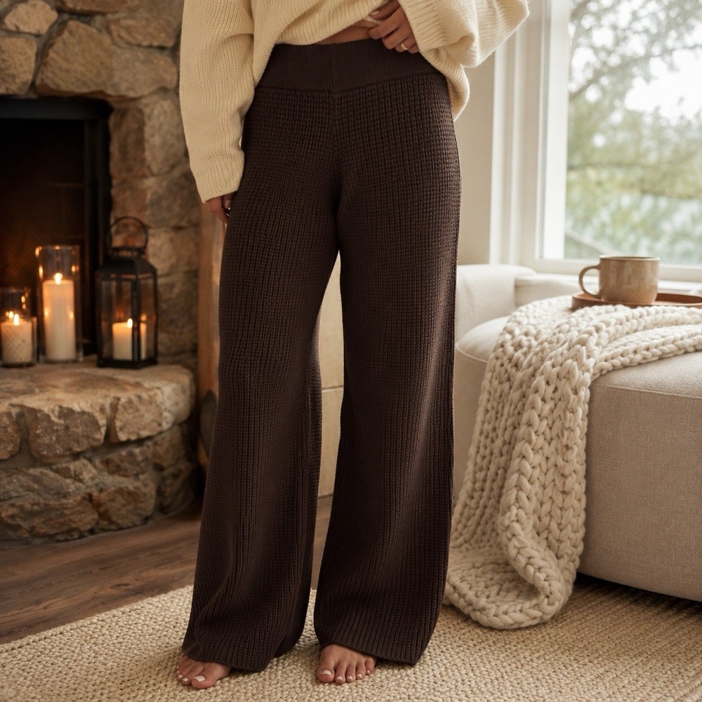 NEW Happily Grey Brown Knit Pull on Wide Leg Pants Minimalist Cozy Athleisure XL